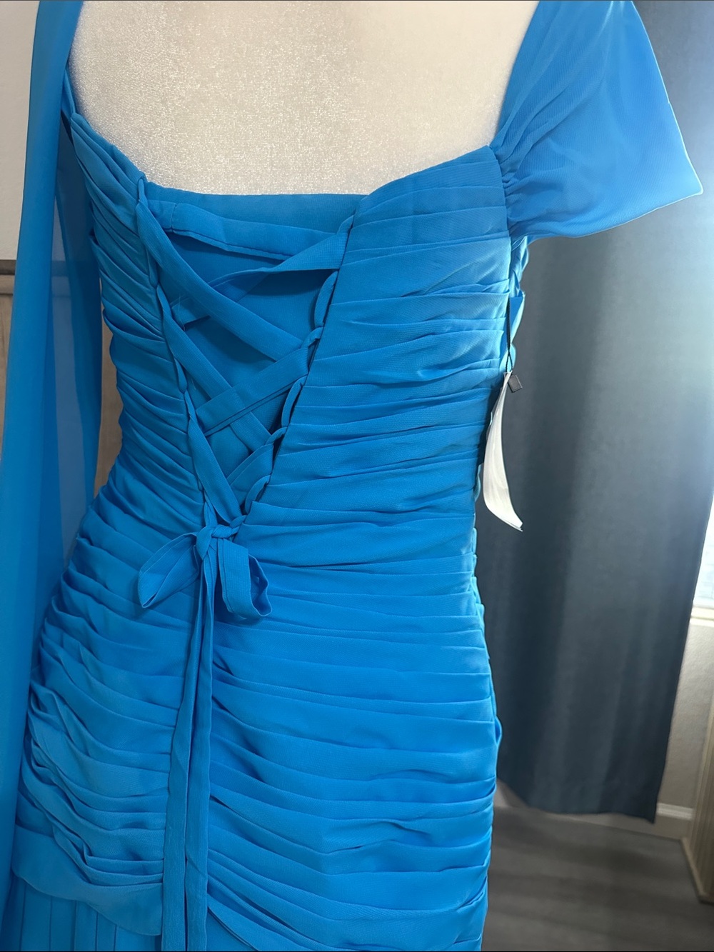 Twist-Front Turquoise Prom Gown with Draped Scarf Dress